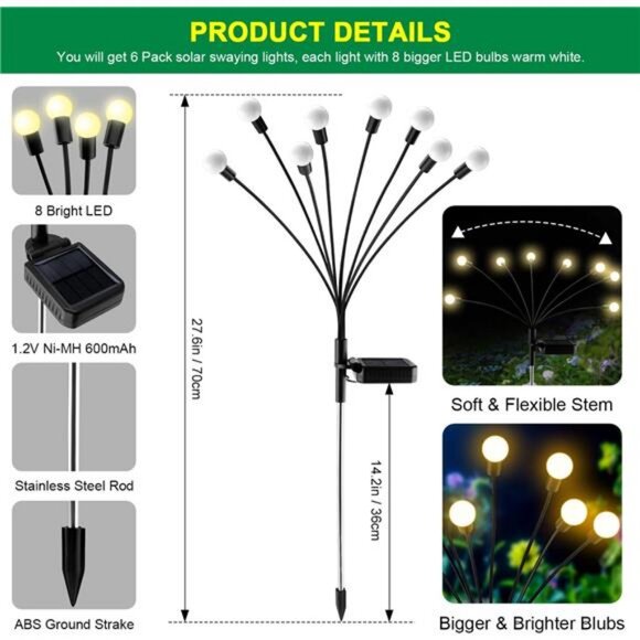 Solar Garden Lights - 6 Pack Solar Firefly Lights Outdoor Waterproof New - Picture 2 of 7